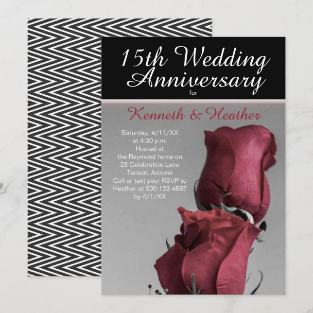 Black White 15th Wedding Anniversary Red Roses Invitation (Front/Back)