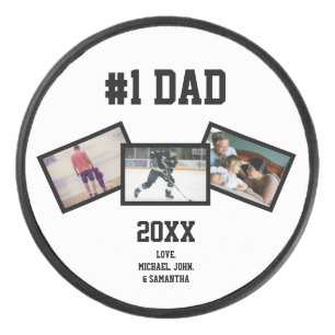 Black White #1 Dad 3 Photo Father's Day Hockey Puck