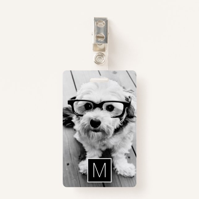 Black White 1 Photo Collage Custom Monogram Badge (Front with Clip)