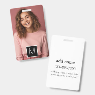 Black White 1 Photo Collage Custom Monogram Badge