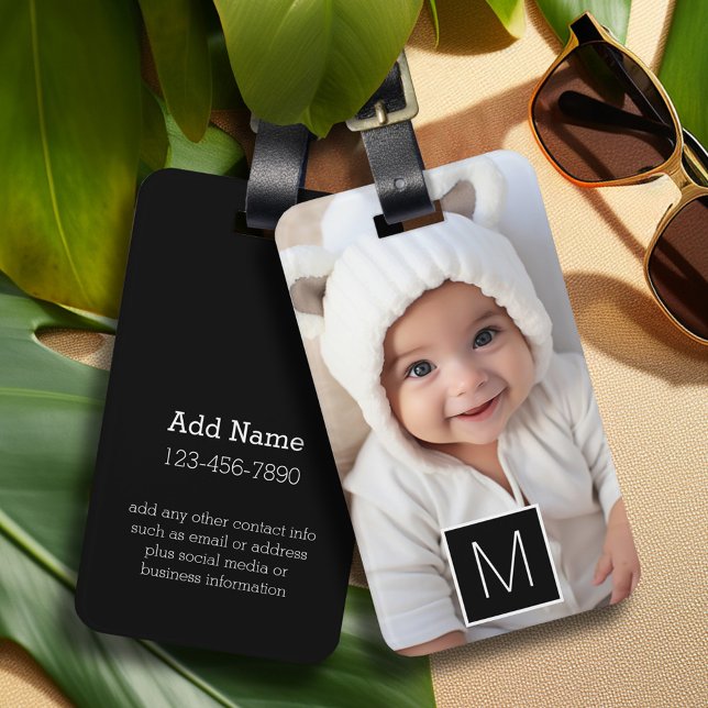 Black & White 1 Photo Collage Custom Monogram Luggage Tag (Personalized luggage tag with 1 photo and contact information)