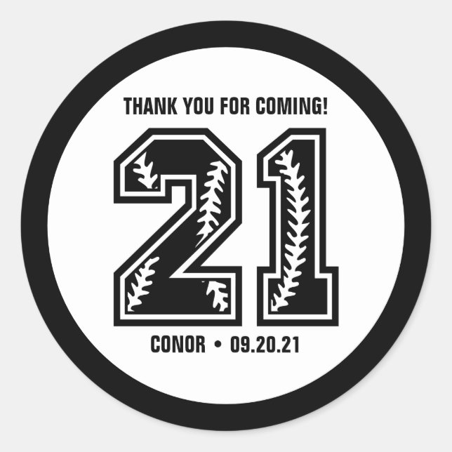 Black & White 21st Birthday Thank You Classic Round Sticker (Front)