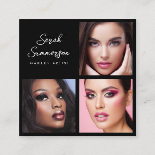 Black White 3 Photo Elegant Makeup Artist Square Business Card