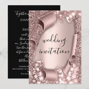 Black White 3D Rose Gold Wedding Sparkly Invitation