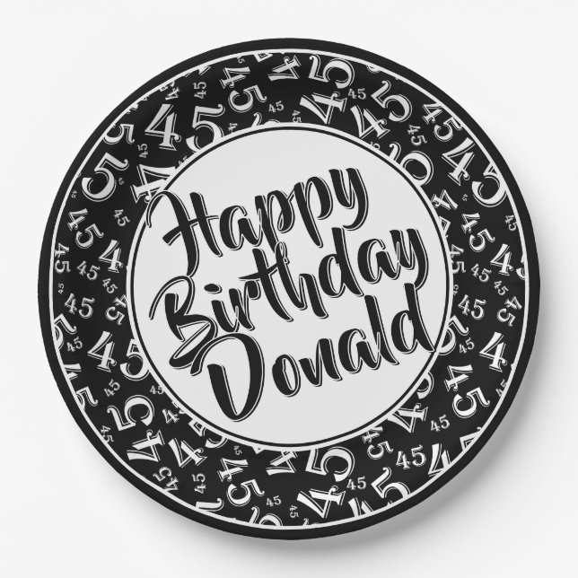 Black/White 45th Happy Birthday Number Pattern Paper Plate (Front)