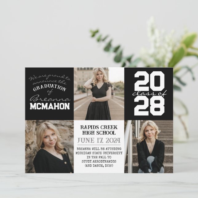 Black & White 4 Photo Graduation Faire-part (Debout devant)