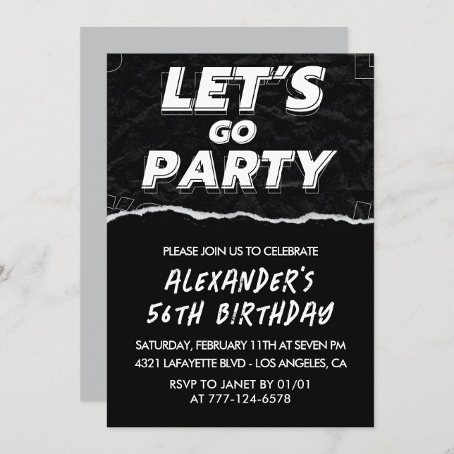 Black White 56th birthday invitations Men  (Front/Back)