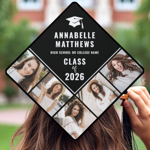 Black White 5 Photo Graduation Cap Topper