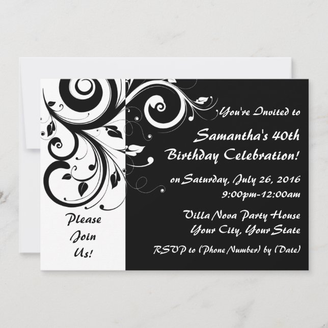 Black+White 5x7 Reverse Swirl 40 Party Invitations (Front)