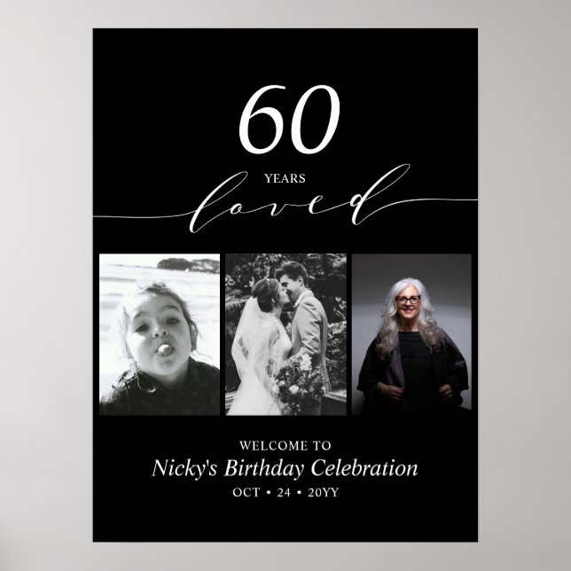 Black & White 60 Loved 60th Birthday Party Welcome Poster (Front)