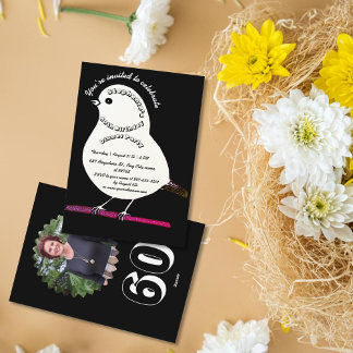 Black & white 60th Birthday Cute Bird Dinner Party Invitation