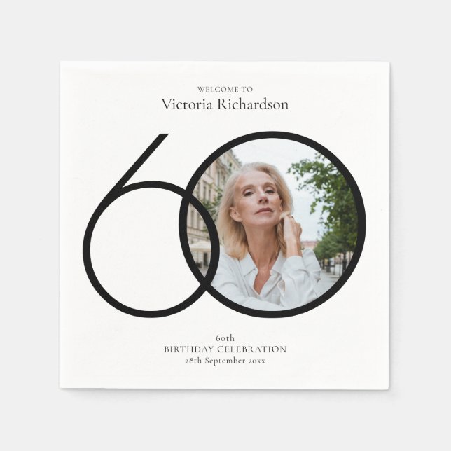 Black White 60th Birthday Minimalist Custom Photo  Napkin (Front)