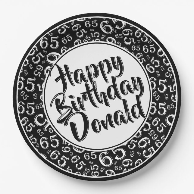 Black/White 65th Random Number Pattern Paper Plate (Front)