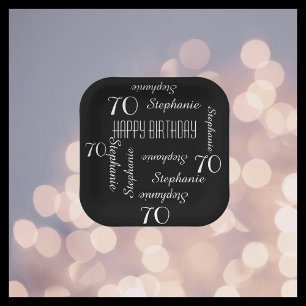 Black White 70th Birthday Party Repeat Name Square Paper Plate