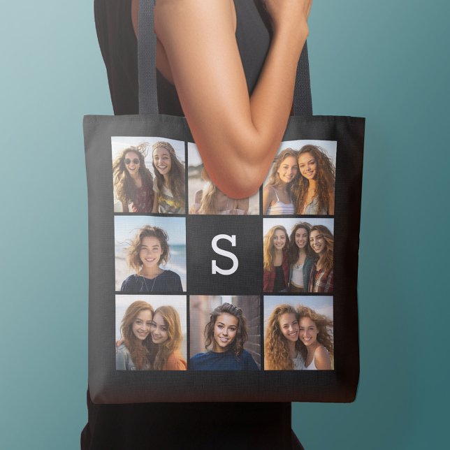 Black White 8 Photo Collage Custom Monogram Tote Bag (Personalized tote bag with photos collage and text)