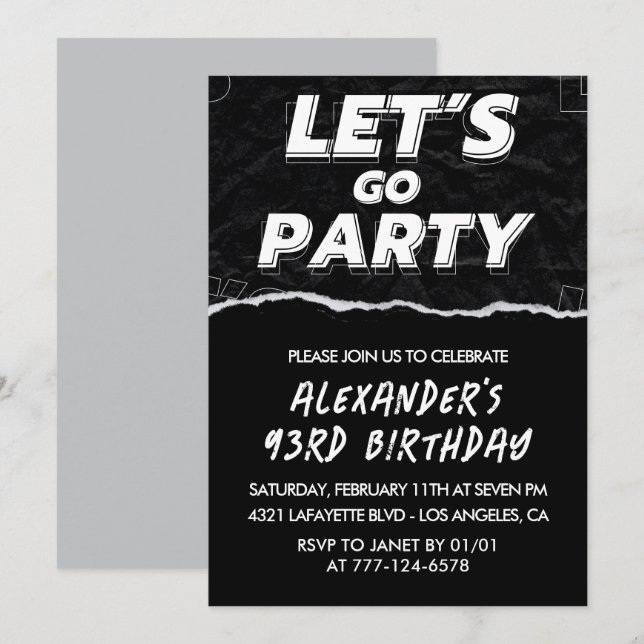 Black White 93rd birthday invitations Men  (Front/Back)
