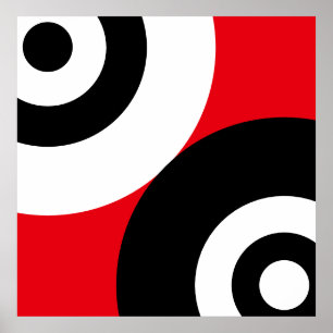 Black & White Abstract Circles on Red Poster