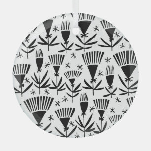 Black White Abstract Flowers: Elegant Pattern Glass Ornament