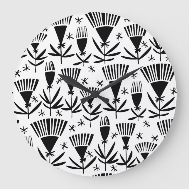 Black White Abstract Flowers: Elegant Pattern Large Clock (Front)