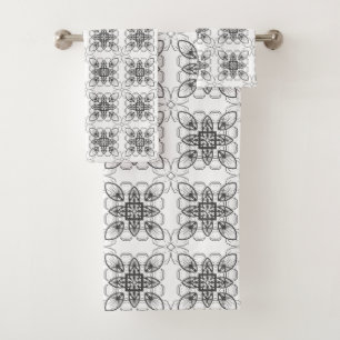 Black White Abstract Geometric Floral Pattern Bath Towel Set