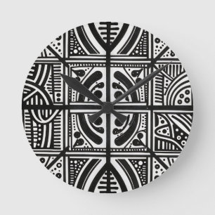 Black White Abstract Geometric Pattern Round Clock
