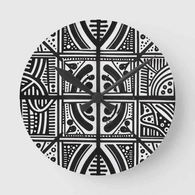 Black White Abstract Geometric Pattern Round Clock (Front)