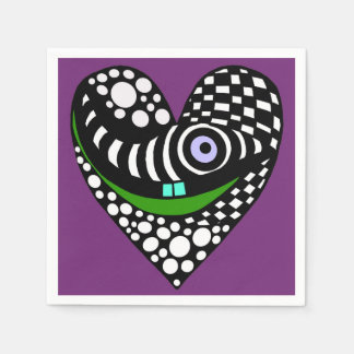 Black & white abstract heart on purple  napkin