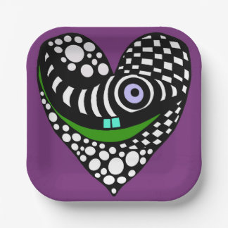 Black & white abstract heart on purple  paper plate