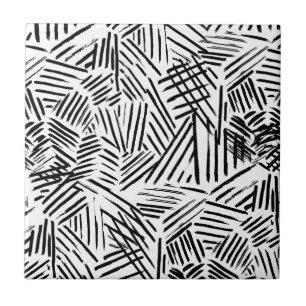 Black White Abstract Linear drawn Lines Pattern Tile