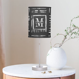 Black White Abstract Lines Pattern with Monogram Table Lamp