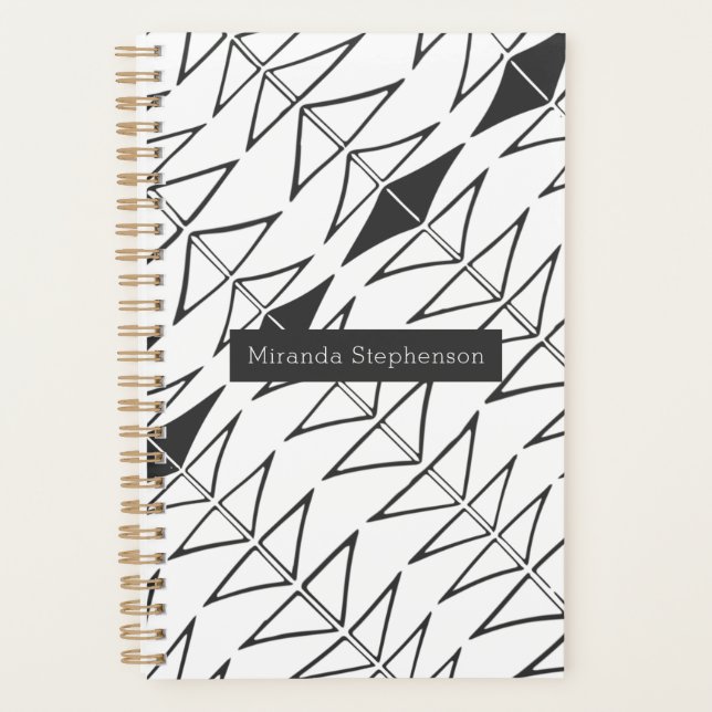 Black White Abstract Lines Shapes Personalized Pla Planner (Front)