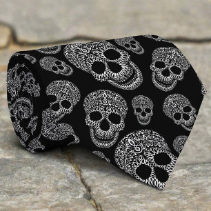 Black White Abstract Spooky Skulls Halloween Tie