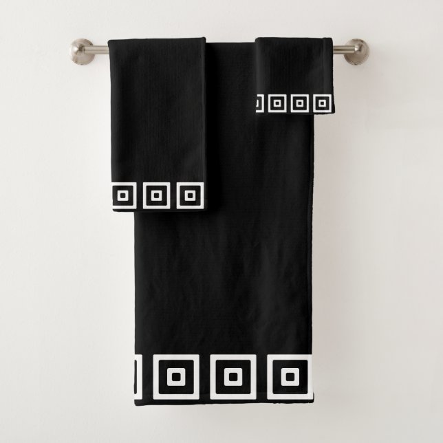 Black & White Abstract Squares on Black Bath Towel Set (Insitu)