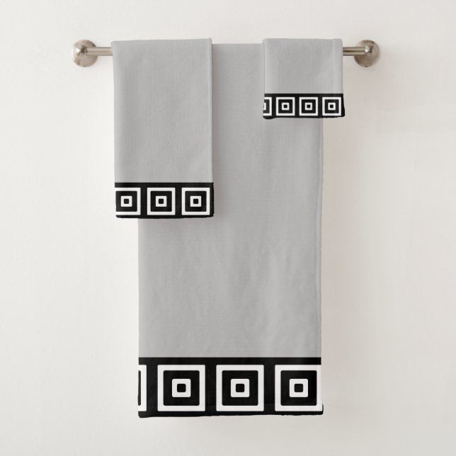 Black & White Abstract Squares on Silver Grey Bath Towel Set (Insitu)
