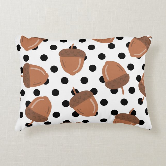 Black & White Acorn Botanical Polka Dot Cozy Fall Accent Pillow (Front)