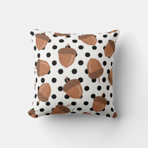 Black & White Acorn Botanical Polka Dot Cozy Fall Throw Pillow