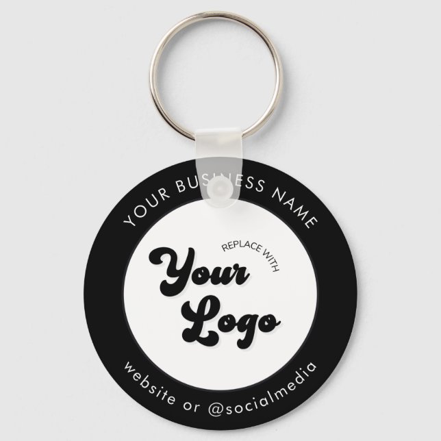Black White Add Custom Business Logo Website Text  Keychain (Front)