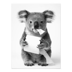 Black White Adorable Koala Holding Toilet Paper Photo Print