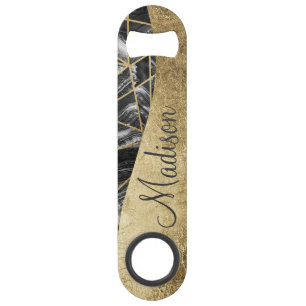 Black White Agate Black Gold Geometric Monogram Speed Bottle Opener