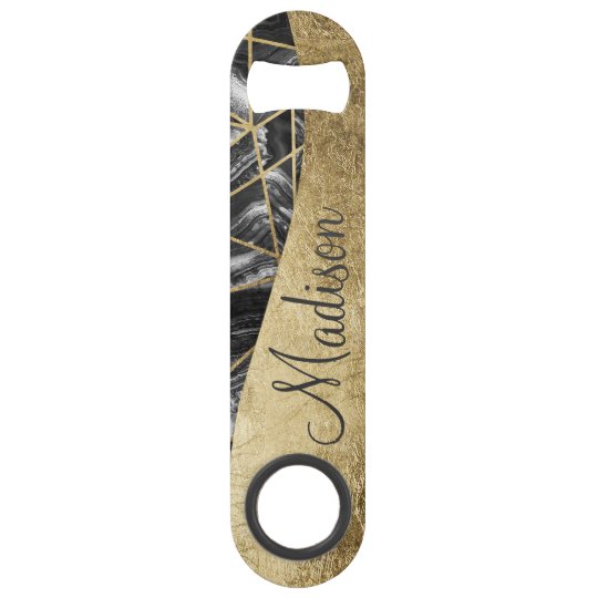 Black White Agate Black Gold Geometric Monogram Speed Bottle Opener