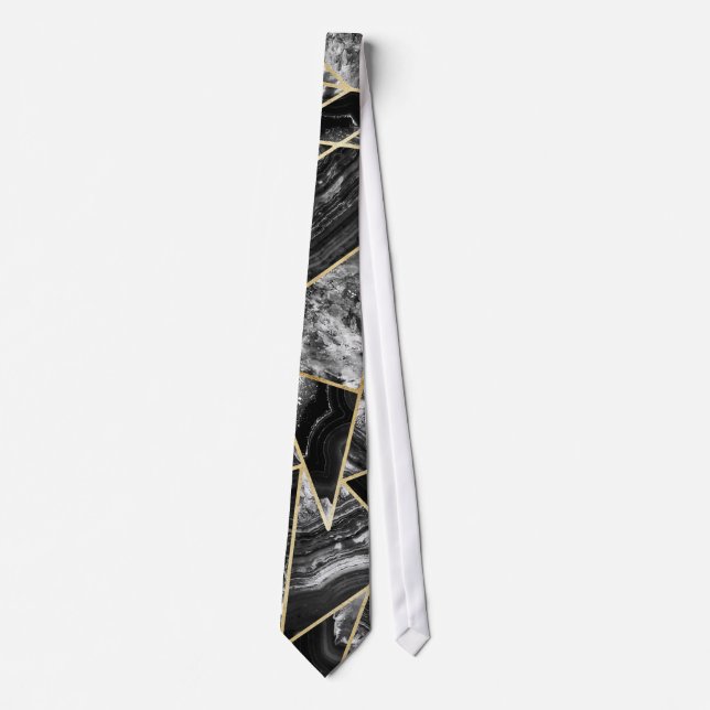 Black White Agate Black Gold Geometric Triangles Tie (Front)
