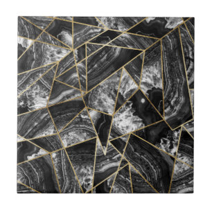 Black White Agate Black Gold Geometric Triangles Tile