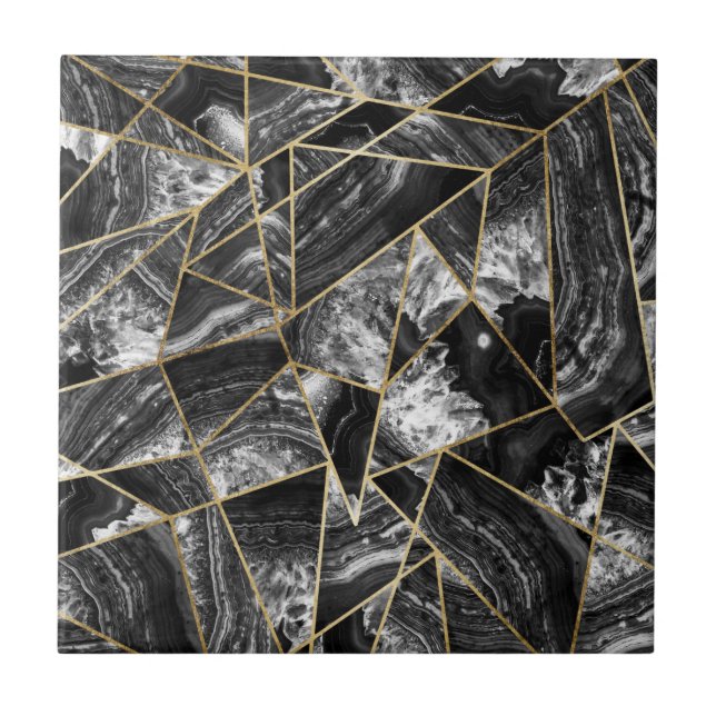 Black White Agate Black Gold Geometric Triangles Tile (Front)