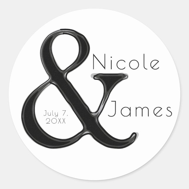 Black & White Ampersand Chic Custom Wedding Favour Classic Round Sticker (Front)