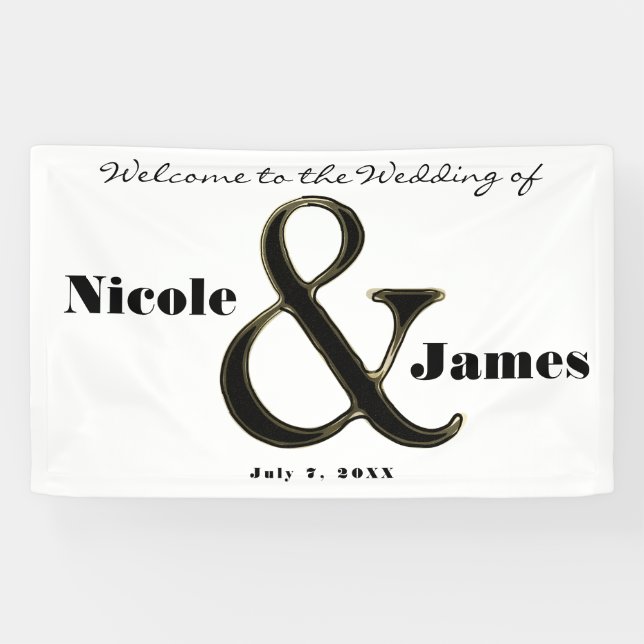 Black & White Ampersand Chic Personalized Wedding Banner (Horizontal)