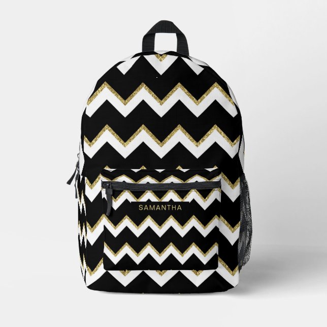 Black, White and a Glittery Gold Wavy Lines Printed Backpack (Front)