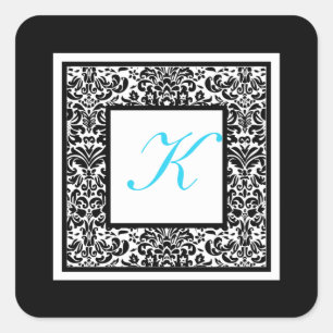 Black, White, and Blue Damask Monogram Sticker