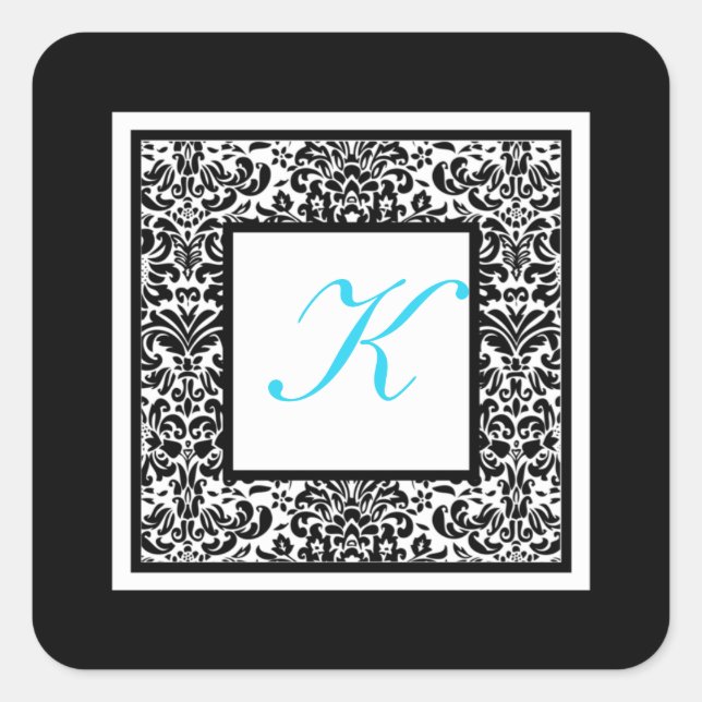 Black, White, and Blue Damask Monogram Sticker (Front)