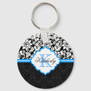 Black White And Blue Floral Damasks Keychain