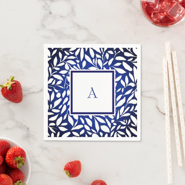 Black, White and Blue Monogram Leaf Pattern Napkin (Insitu)